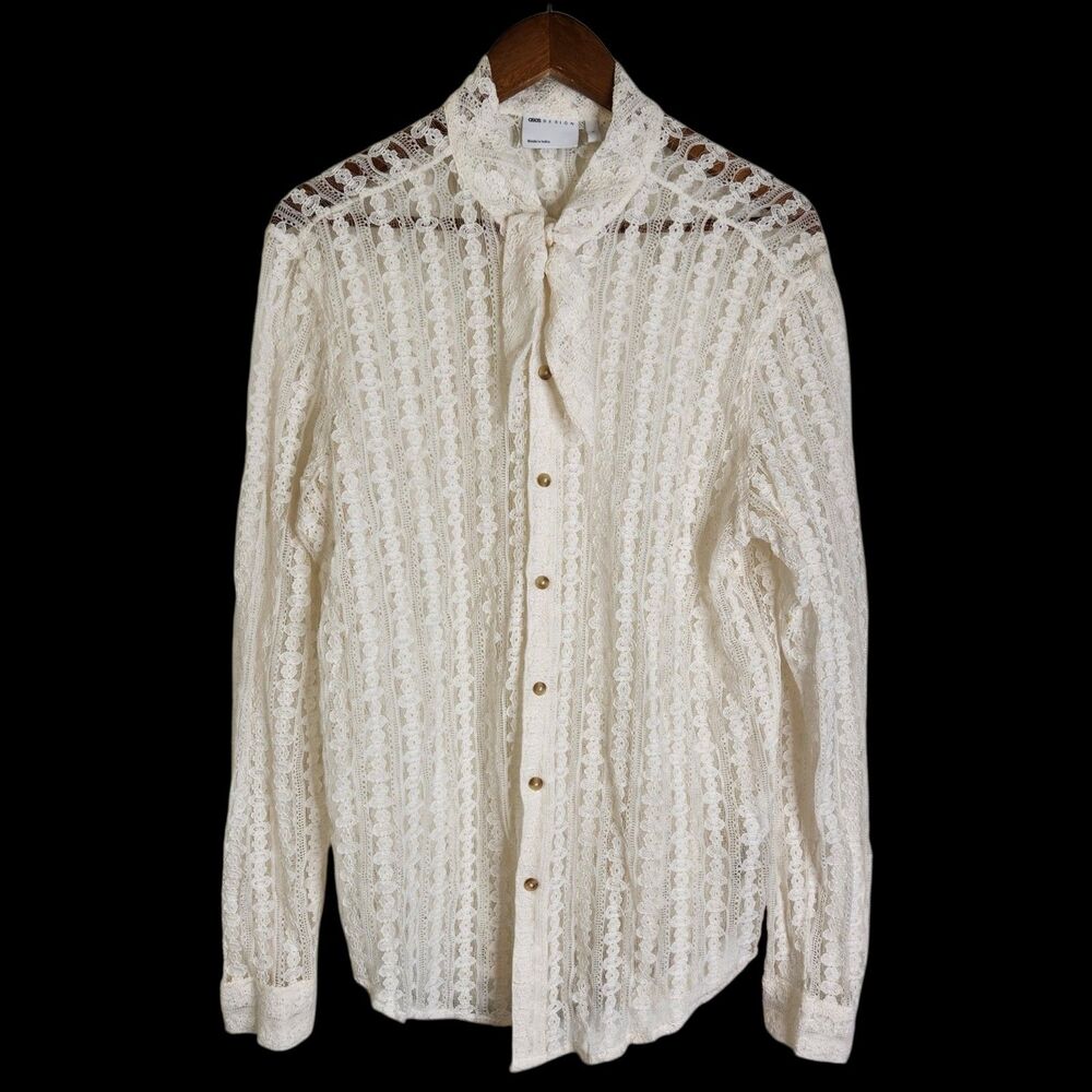 ASOS Womens L Ivory Floral Lace Sheer LS Blouse High Neck Tie Coquette Cottage